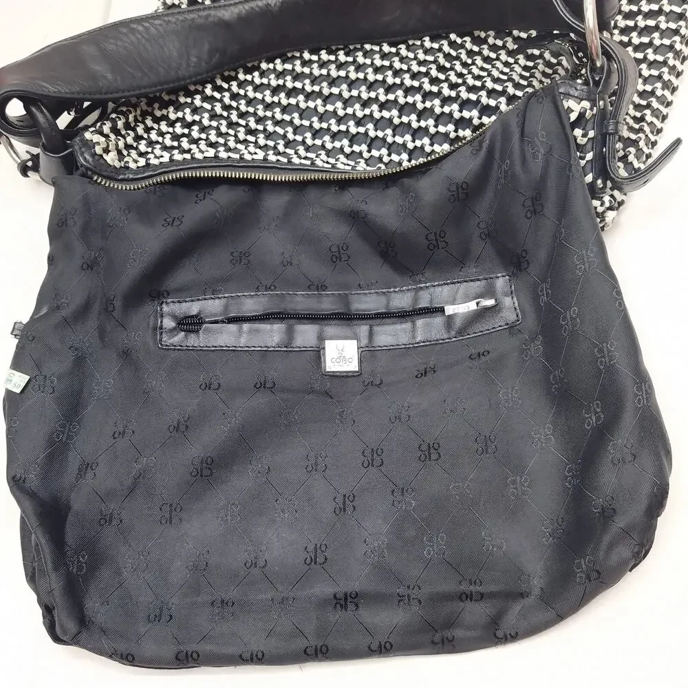 COBO International Black Nylon Mesh Woven Front Pocket Zipper Hobo Shoulder Bag